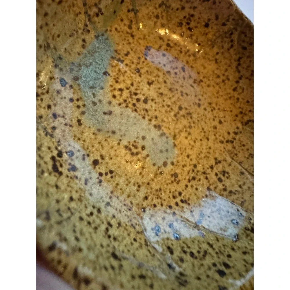 Handmade Studio Pottery Speckled Tan Small Bowl Artisan Ceramic Blue Drip 3